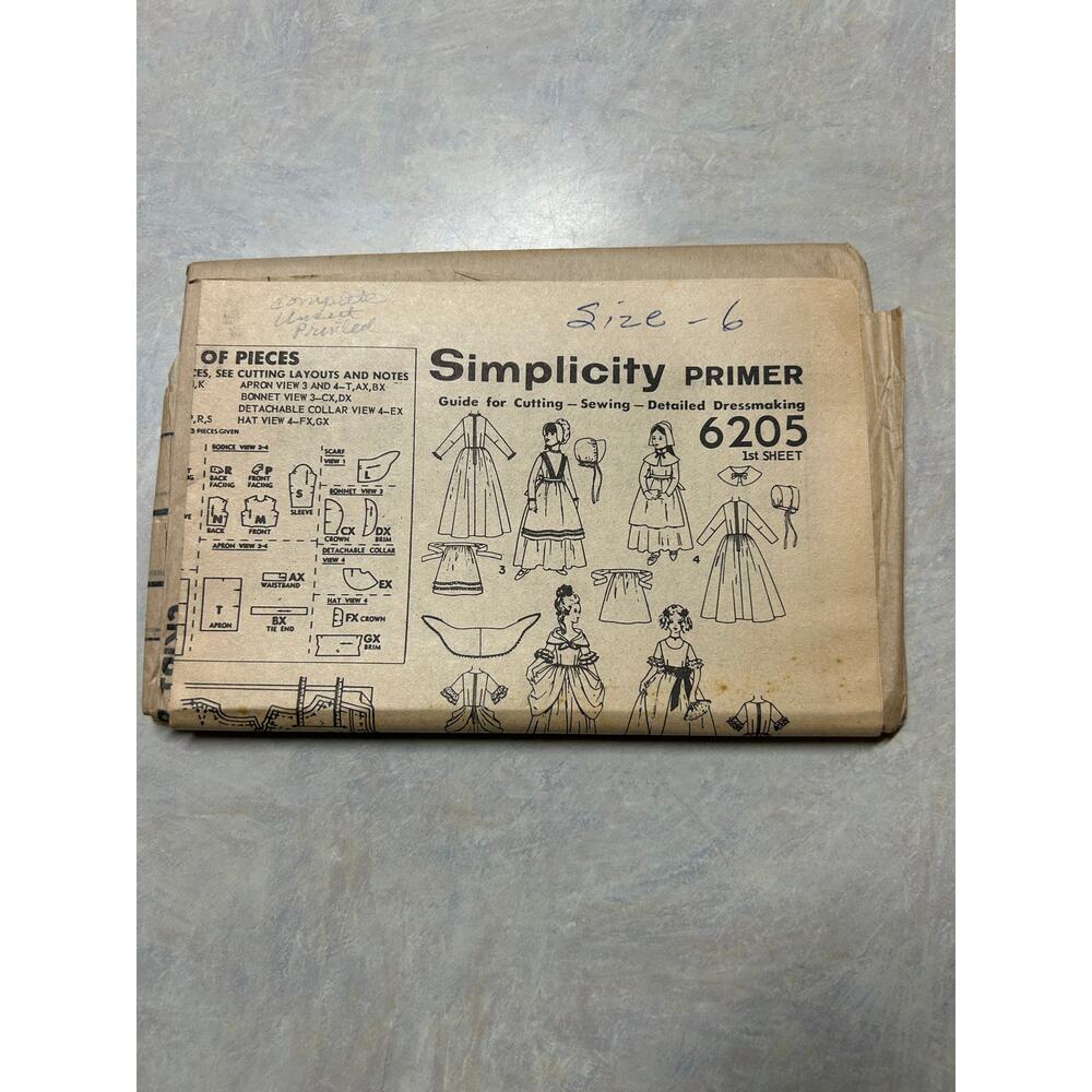 Vintage 1965 Simplicity Primer Pattern #6205 Children's Historical Costumes Sz 6